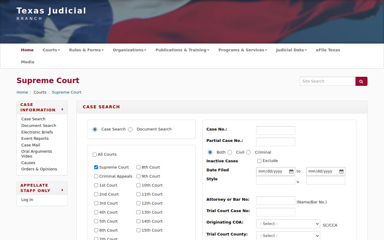 Texarkana resident lookup using the Texas appellate court case search