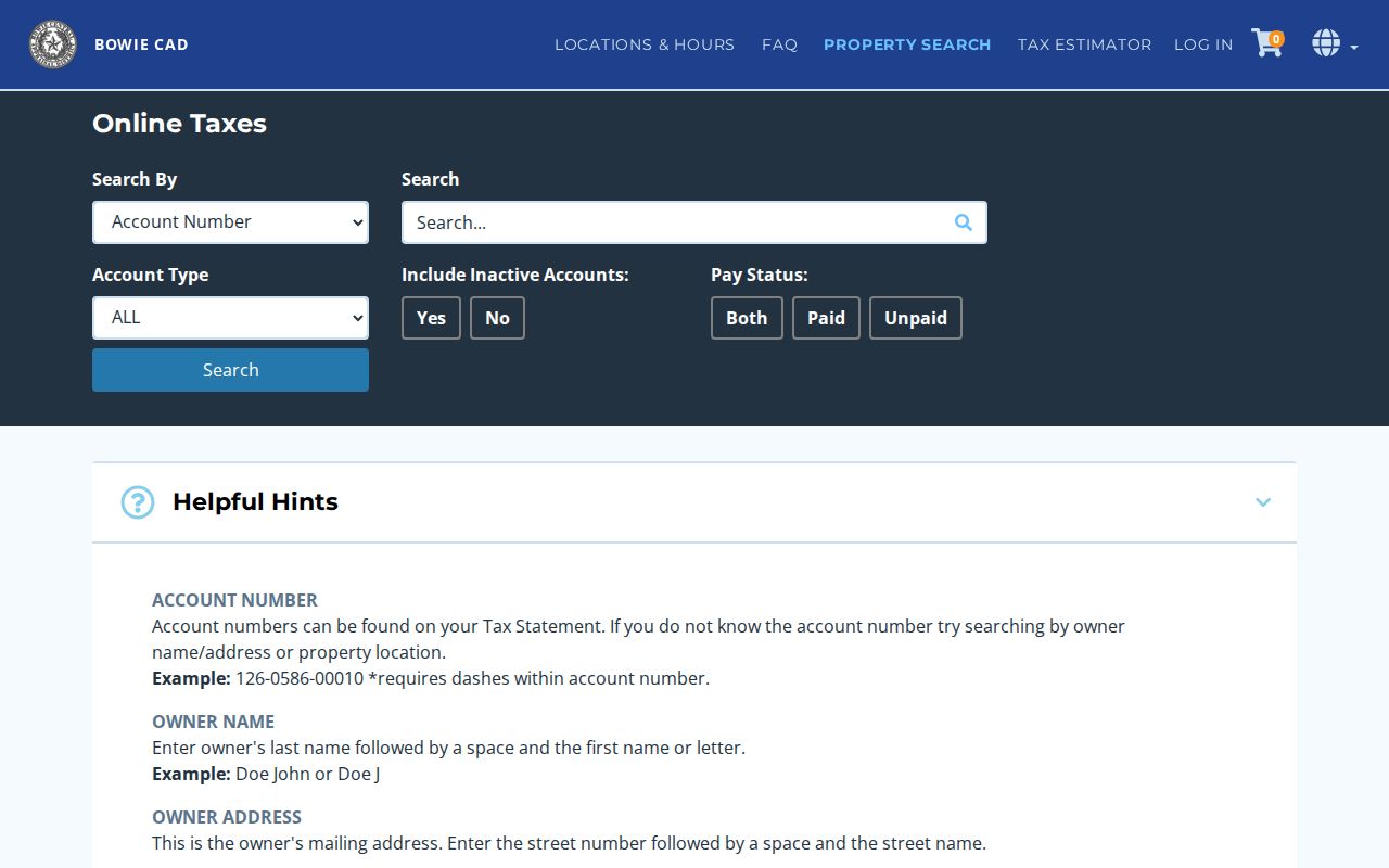 Texarkana street directory Bowie County property search controls